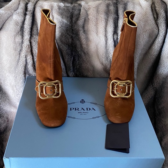 Prada Brown Suede Gold Hardware Booties New! - Picture 13 of 16